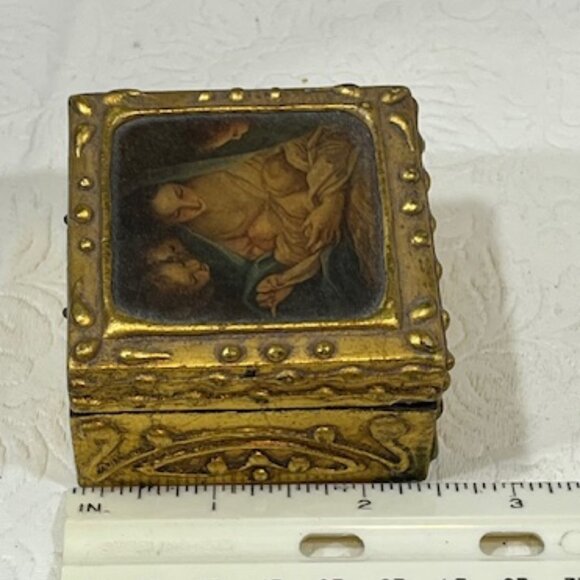 VTG Italian Florentine Mini Wooden Trinket Box Madonna & Child Hinged 2.5" - Picture 13 of 16